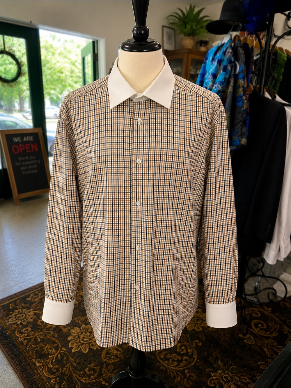 Stacy Adams Beige and Navy Check Dress Shirt with White Contrast Collar